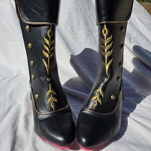 Anna FROZENDisney Black Girls' Knee-High Boots with Gold Embroidered Leaf Detail
